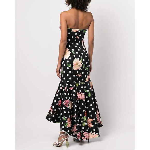 Marchessa Notte Black Floral Polka Dot Strapless High Low Formal Maxi Dress Gown - Picture 3 of 11